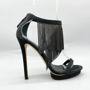 B Brian Atwood Womens 8 Cassiane Sandals Black Snake Leather Chain Fringe Heels